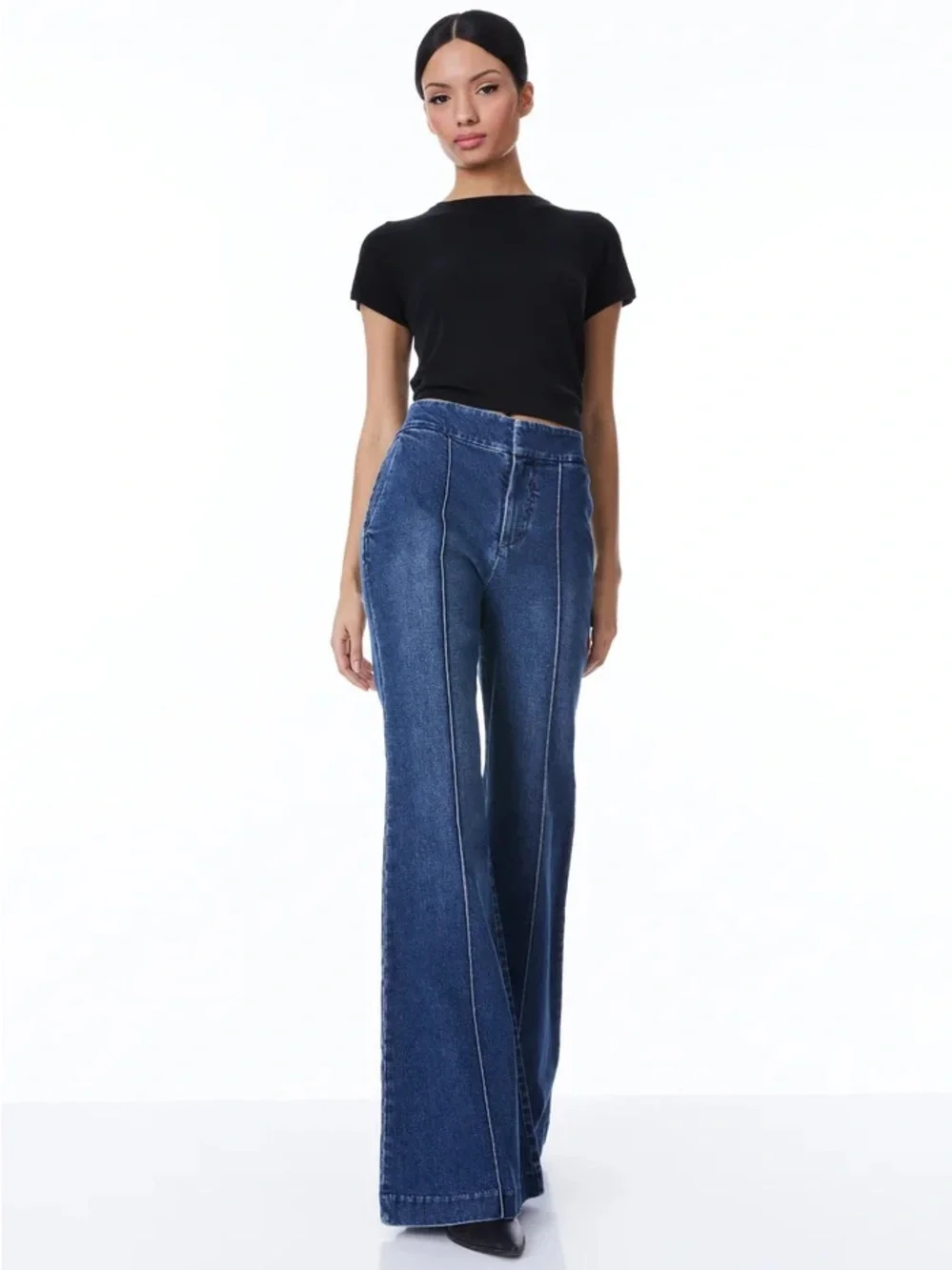 Alice + Olivia Dark Blue High-Waist Wide-Leg Jeans (28)